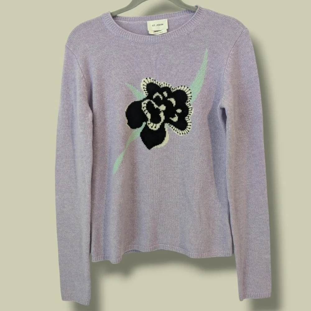 St. John Lilac Purple Floral Intarsia 100% Cashmere Crewneck Sweater Designer